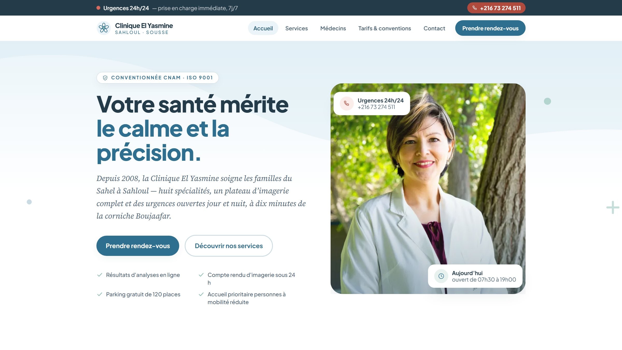 Clinique El Yasmine — Healthcare · Web Platform homepage built by BreakNRoot